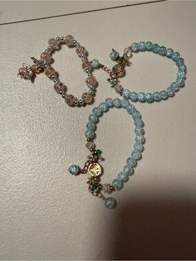 Delicate Light Blue and Champagne Beaded Charm Bracelet Set